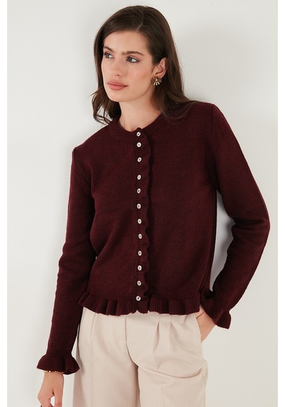 Lela Premium Pile Detaylı Regular Fit Yuvarlak Yaka Triko Bayan Hırka 680Hi00038 Bordo