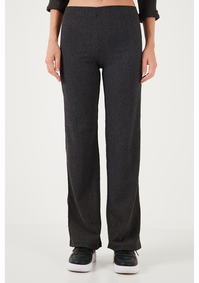 Lela Slim Fit Yüksek Bel Geniş Paça Dokulu Bayan Pantolon 5865944 Antrasit