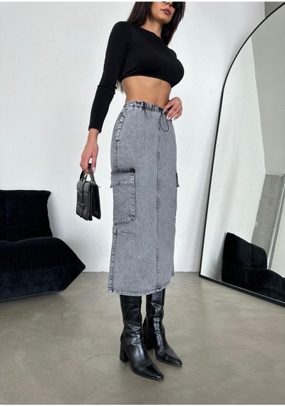 Zeo Basic Kargo Cepli Bel Lastikli Maxi Denim Etek Füme Füme Kar
