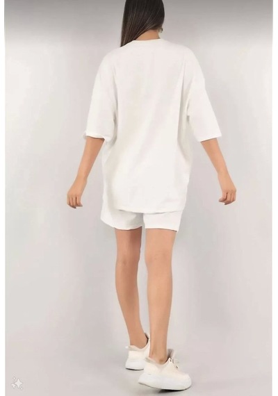 Tarzyeri Kadın Unisex Nakış İşlemeli Şort Takım - Beyaz Beyaz