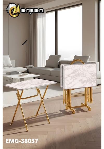 Eranş Serisi 4'lü Katlanır Mdf Mebran Ahşap Çanta Zigon Sehpa Gold Ayak Beyaz Mermer Desen Gold Ayak
