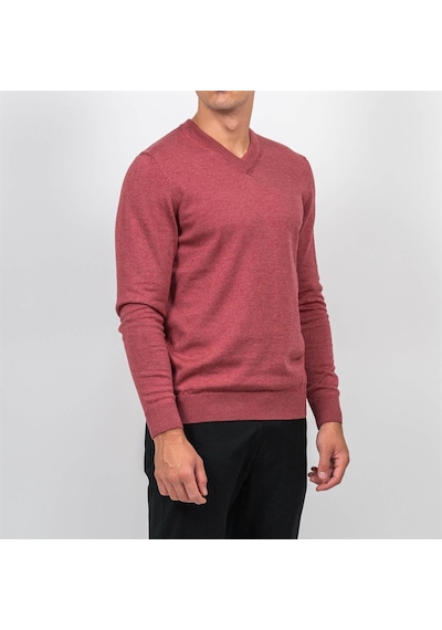 Erkek V Yaka Triko Slim Fit Pamuklu Kazak Ncs Jeans 3002-Kırmızı Melanj