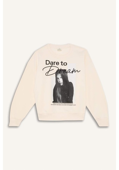 DeFacto Kız Çocuk Oversize Geniş Kalıp Bisiklet Yaka Baskılı Sweatshirt D5452A824WNER233 Ekru