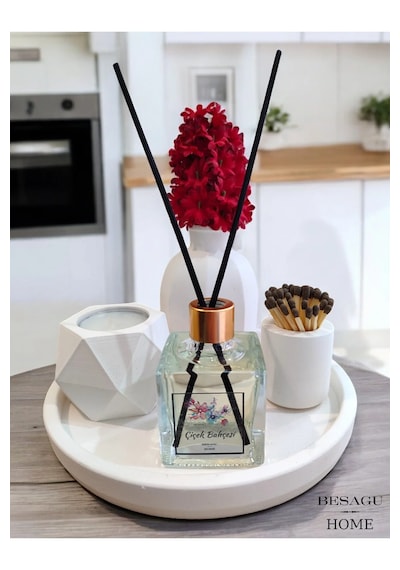 Dekoratif Mum Ve Vazo Seti - Vazo+oda Kokusu+tealight Mumluk Ve Mum+kibritlik+yuvarlak Tepsili Beyaz