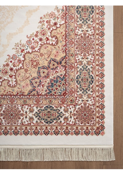 Imperial Luxe Il004r Krem Çerçeveli Göbekli Halı Klasik Desen 100 Tarak Bambu Viskon İpek Serisi-711 Krem
