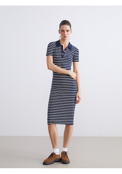Lcw Vision Lacivert Polo Yaka Çizgili Elbise
