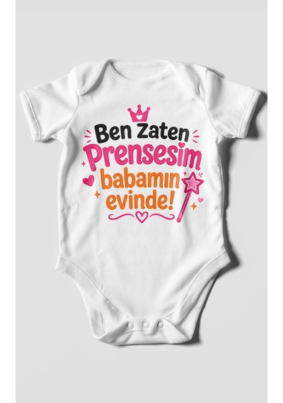 Morivokids Ben Zaten Prensesim Babamın Evinde Kısa Kollu Bebek Body %100 Pamuk Beyaz