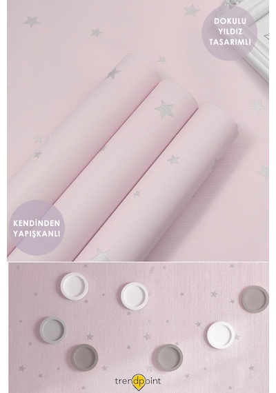 Trendpoint Kendinden Yapışkanlı 60cm 100cm Pembe Yıldızlı Duvar Kağıdı Dolap Çocuk Odası Kaplama