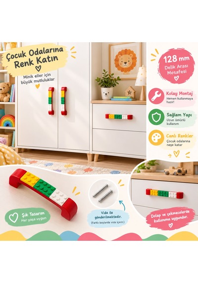 Renkli Blok Kulp Erkek Çocuk Mobilyası Odası Kulpu Tek Adet Fiyatı Vida İle Gönderilir 128 Mm Kırmızı