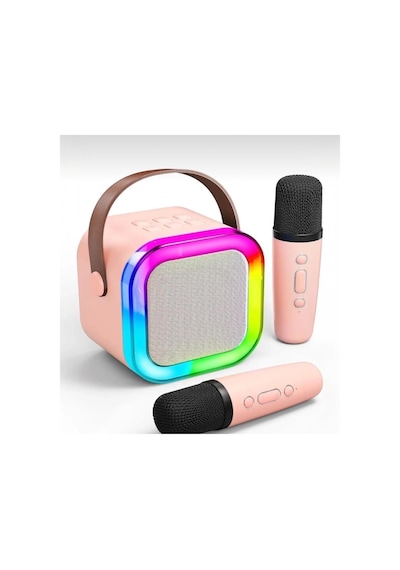 Taşınabilir Çift Karaoke Mikrofonlu Hoparlör Kablosuz Bluetooth 5 Ses Efektli Pembe Renk
