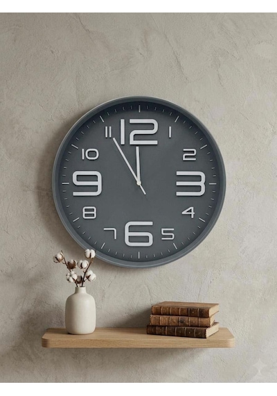 Dekoratif Duvar Saati 50 Cm Sessiz Mekanizmalı Antrasit Çerçeve Kabartma Rakam Gümüş