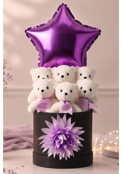 Lüks Mor Yıldız Balonlu 6'lı Peluş Ayıcık Hediye Kutusu Sevgiliye, Kıza Romantik Hediye