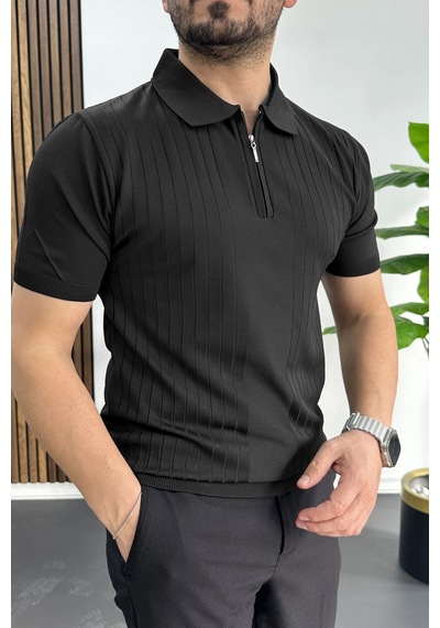 Erkek Çizgi Desenli Polo Yaka Siyah Edw458 Siyah