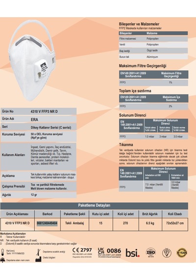 Era 4310 Ffp3 V Nr D Ventilli Toz Maskesi 270 Adet