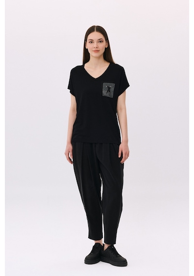 Daido Kadın V Yaka Düşük Kollu Penye T-shirt 6226 Siyah