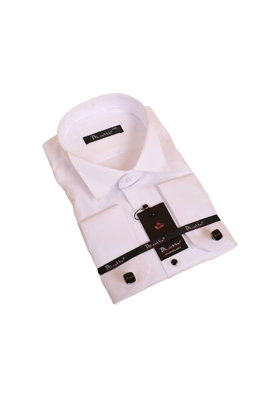 Dicotto Beyaz Büyük Beden Siyah Taş Düğmeli Damatlık Ata Yaka Kol Düğmeli Slim Fit Smokin Gömlek - 090 001