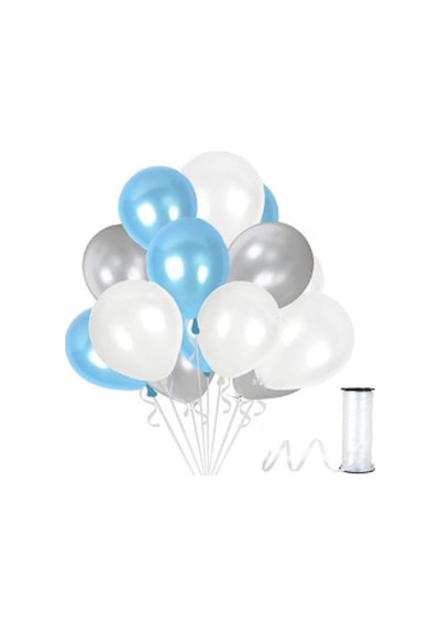 75 Adet Gümüş - Beyaz- Mavi Metalik Balon 3'Lü Renk - 12 Inç