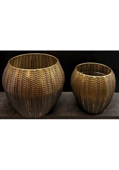 Metal Saksı S/2 Set 28-40 Cm Dekoratif Modern Şık 2 Li Salon Saksı Seti Altın