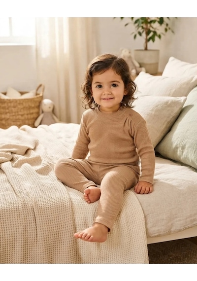 Tuffy Alt Üst Takım Krem Jakarlı Örme Kumaş Kız Bebek Latte Renkli Taytlı