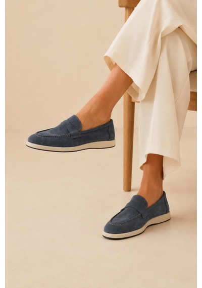 Sovenso Suede Hakiki Deri Mavi Süet Loafer