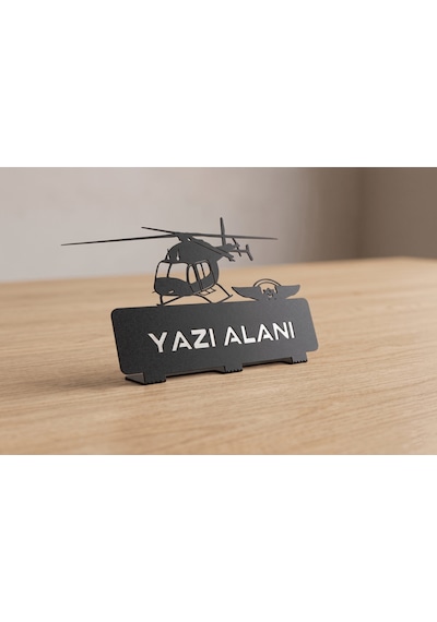 Kişiye Özel Hediyelik Sağlık Askeri Bell Helikopter Tasarımlı Metal Masaüstü İsimlik Siyah