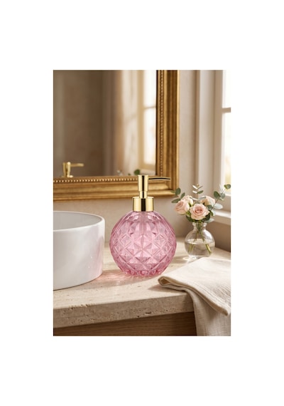 Boby Diamond Küre Cam Sıvı Sabunluk Gold Pompalı Kristal Desenli Dekoratif Banyo Ve Mutfak Dispenseri - 16 Cm X 10 Cm - 500ml - Pembe