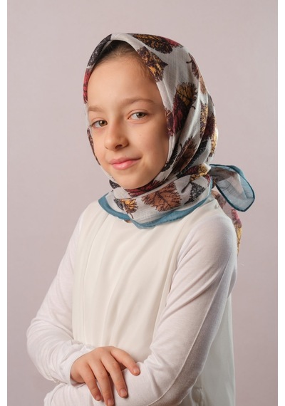 Hürrem Bone Petrol Mavisi Dijital Baskılı Çocuk Tesettür Eşarp Pamuk Polyester Yaprak Desenli 6003 17 Petrol Mavisi