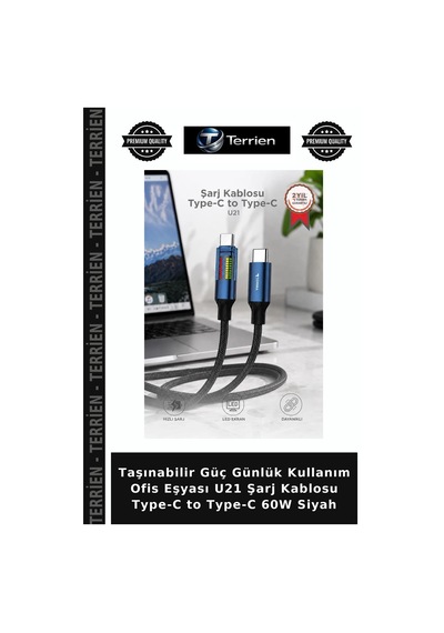 Taşınabilir Güç Günlük Kullanım Ofis Eşyası U21 Şarj Kablosu Type-c To Type-c 60w Siyah