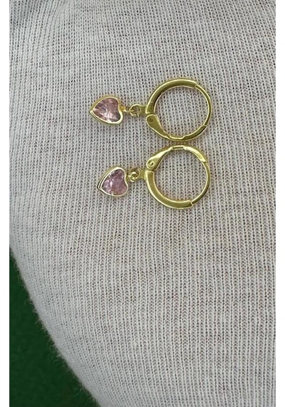 Kadın Gold Renk Kalpli Zirkon Taşlı Minimal Küpe Pembe