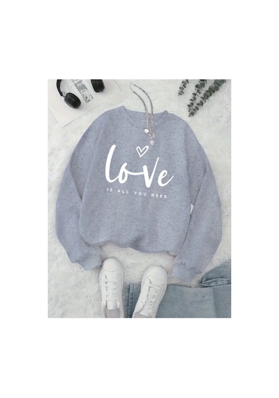 Herkesemoda Love Yazı Baskılı Bisiklet Yaka İçi Polarlı Sweatshirt Gri