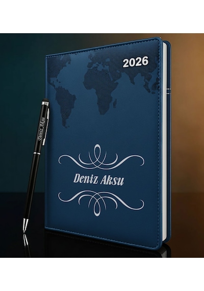 Bk Gift Kişiye Özel İsimli Termo Sert Kapak 2026 Lacivert Ajanda & Kalem -1, Öğretmenler Günü Hediyesi, Yeni İş Hediyesi 35319 Bk Gift Renkli