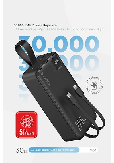 Taşınabilir 30.000 Mah Powerbank 22.5w Pd Hızlı Şarj, Led Gösterge, Android & Apple Uyumlu iOS Siyah