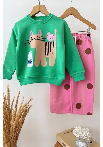 Monila Kız Çocuk Yeşil Kedi Baskılı Pamuklu Sweatshirt Ve Pembe Puantiyeli Eşofman Alt Üst Takım