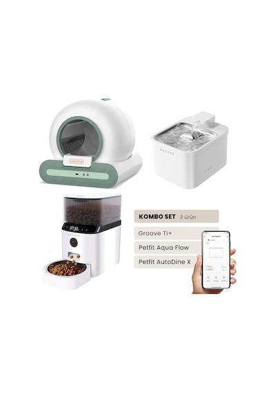 Groove Ti+ Akıllı Otomatik Kedi Tuvaleti Yeşil - Petfit Aqua Flow Akıllı Bataryalı Su Pınarı Çeşmesi + Petfit Autodine X Akıllı Otomatik Mama Kabı Bundle