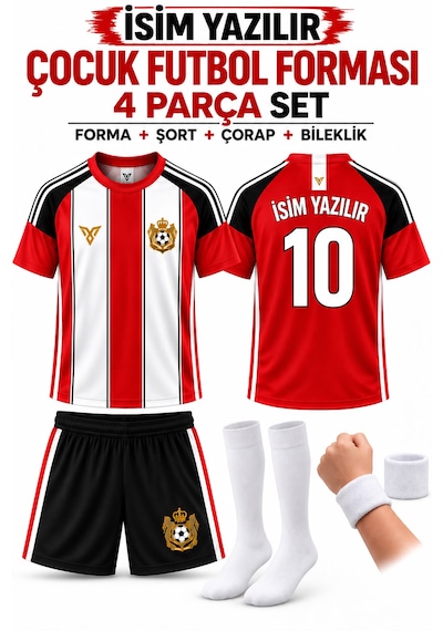 Yenteks İsim Yazılır Çocuk Futbol Forması Kırmızı Beyaz Özel Tasarım 4 Parça Forma+şort+çorap+bileklik Beyaz - Kırmızı