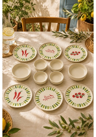 Green Bon Appetit 12 Parça 6 Kişilik Stackable Seramik Kahvaltı Takımı Lüx Sunum Seti Tabağı Beyaz