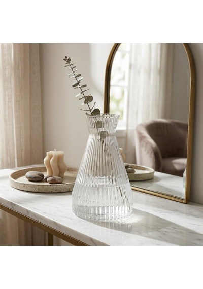 Tr Pure Model Şeffaf Cam Vazo - Optikli Çizgili Dokulu, Modern Dekoratif Çiçeklik Ve Masa Üstü Vazo 22x15 Cm Genel
