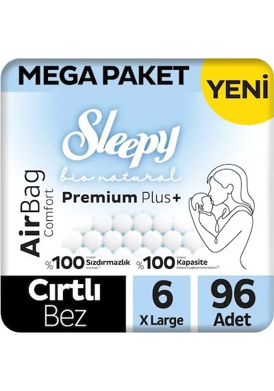 Sleepy Bio Natural Premium Plus Airbag Comfort Mega Paket Bebek Bezi 6 Numara Xlarge 96 Adet