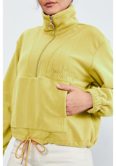 Tommy Life Limon Yarım Fermuar Etek Ucu Büzgülü Kadın Polar Oversize Sweatshirt - 97171 Limon Sarısı