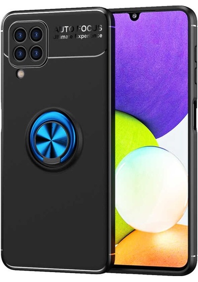 Noktaks - Galaxy A22 4g Uyumlu Kılıf Koruyucu Yüzüklü Karbon Ravel Silikon Kapak - Siyah-mavi - T22141