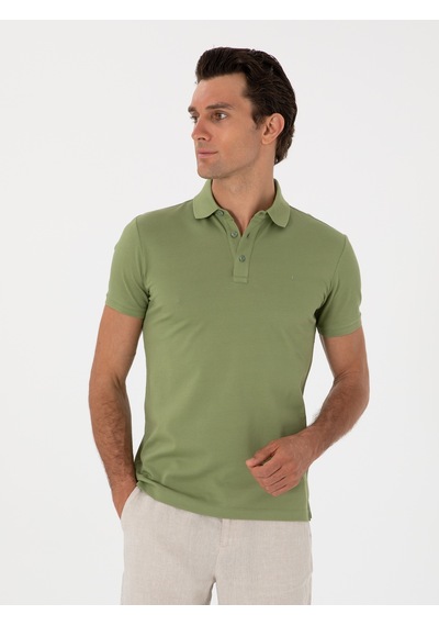 Açık Yeşil Slim Fit Polo Yaka Pamuklu Basic T-shirt Acık Yesıl