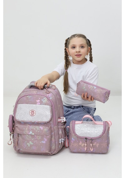 Kız Çocuk Okul Çantası 3lü Set Pudra Desenli Parlak Kapaklı İlkokul Çanta Seti Pembe