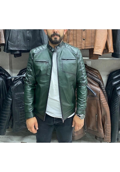 Nyc Giyim Tekstil & Deri Yeşil Karartmalı Hakiki Deri Spor Mont Ceket Slim Fit Yeşil