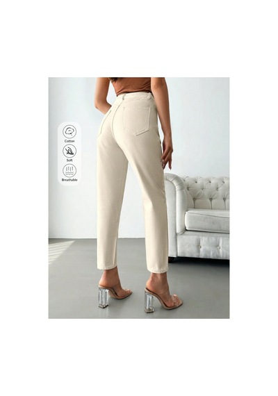 Kene Jeans Yüksek Bel Taş Keten Mom Pantolon Taş