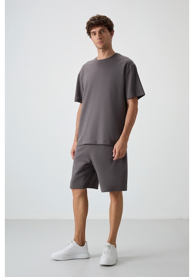 Tommy Life Koyu Gri Pamuklu Kalın Yumuşak Dokulu Oversize Fit Basic Erkek Şort Takım - 85249