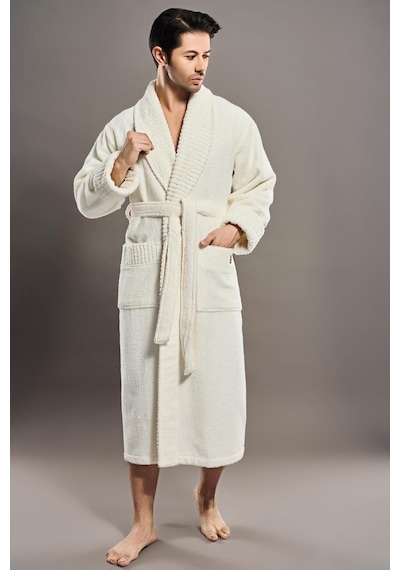 Yaka Fitilli %100 Organik Cotton Cotton Erkek Bornozu Krem