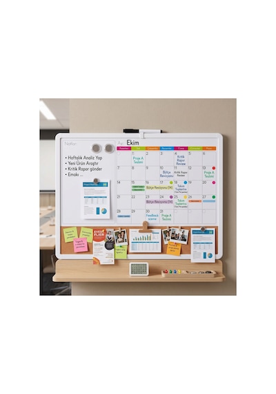 3'ü 1 Arada Manyetik Takvimli Mantar Pano Ve Yazı Tahtası 43x58.5 Cm + Kalem, Magnet, Sticker Seti Beyaz