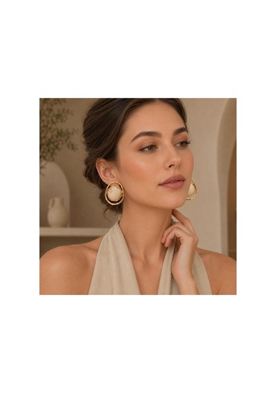Gold Çerçeveli Krem Taşlı Kadın Küpe Mermer Görünümlü Krem - 886705031 Krem - 886705031 Krem