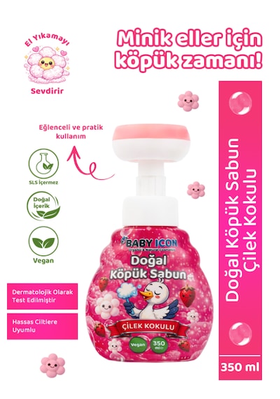 Baby Icon Doğal Çocuk Köpük El Sabunu 350 Ml Çilek Kokulu Lavanta Aynısefa Vegan Parabensiz Çiçek Şekilli Pembe Köpük