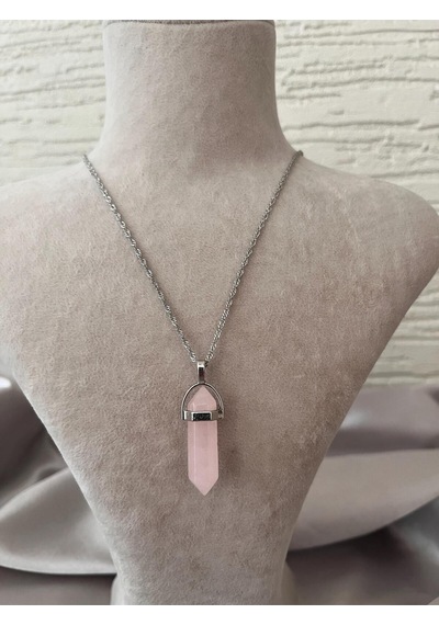 Doğal Taş Pembe Kuvars, Altıgen Kolye Pembe